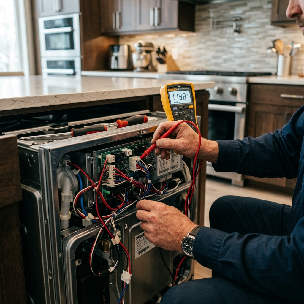 Technician repairing a luxury dishwasher