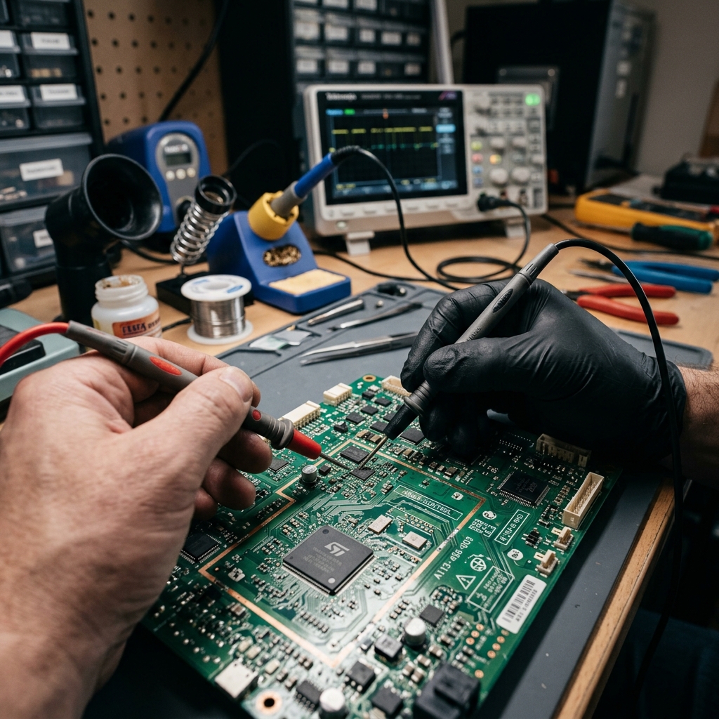 Appliance technician inspecting an electrical panel